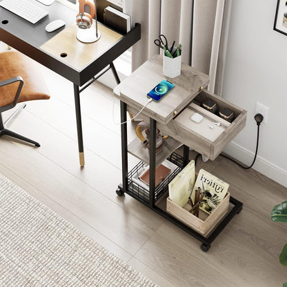 TrailBlaze C-Shaped Side Table with Charging Station, Flip Top End Table with USB Ports and Outlets, Narrow Side Table with 3 Tier Storage Shelf, C Table for Small Spaces, Bedroom, Living Room, Grey