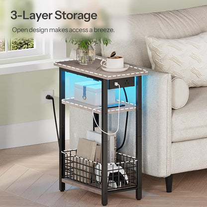 HOOBRO Narrow Side Table with Charging Station and LED Light, Small End Table with Storage, Skinny Nightstand with USB Port, Slim Bedside Table for Small Spaces, Living Room, Greige BG242UDBZ01