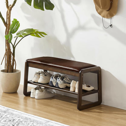 Achicsofar Shoe Rack Bench,2 Tier Solid Wooden Entryway Bench with Shoe Storage, Shoe Rack with Cushion for Living Room, Hallway(Brown, 31.5")