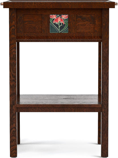 Stickley 125th Anniversary Floral Tile Tray Table, End Table, Solid Oak, Centennial Finish, Mission Style, Removable Ceramic Art Tile, Tray Top, 22.5in W x 16.5in D x 30in H, Made in USA