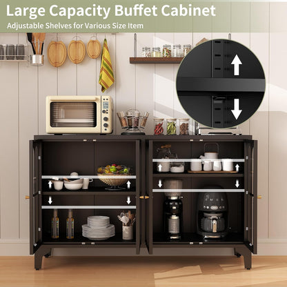 Foreate Sideboard Buffet Cabinet with Glass Door & LED Light, 53.2" Large Buffet Cabinet with Storage & Adjustable Shelf, Farmhouse Sideboard Credenzas Metal Kitchen Buffet, Black