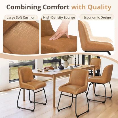 LUE BONA Comfortable Dining Room Chairs Set of 4, Modern Upholstered Kitchen Chairs with Padded Back & Thick Metal Legs, Brown PU Leather