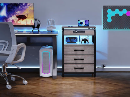 SZLHANJZ Night Stand Set of 2, Nightstands with Charger Station and LED Lights, End Tables Set with 3 Fabric Drawers, Storage Side Tables for Bedside, Living Room, Greige