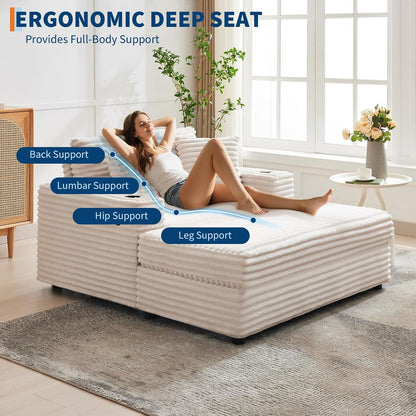GarveeHome 60-inchOversized Chaise Lounge Chair Indoor, Comfy Corduroy Lounge Sofa with Charging Station, Cup Holders & Throw Pillows, Cozy Sleeper Couch for Living Room Apartments, Beige