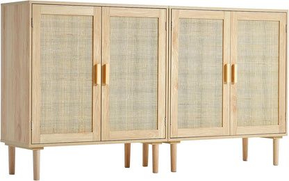 VEVOR Rattan Buffet Cabinet with Storage, 4 Magnetic Doors and Adjustable Shelves, Sideboard for Hallway, Living Room, Kitchen, Natural