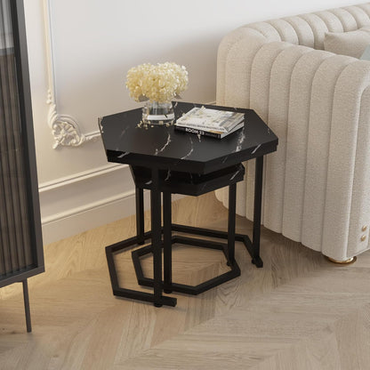 Hexagon Nesting Side Tables Set of 2, Black Marble | Space-saving hexagon nesting side tables set of 2, sturdy metal frame, waterproof MDF top, for living room bedroom
