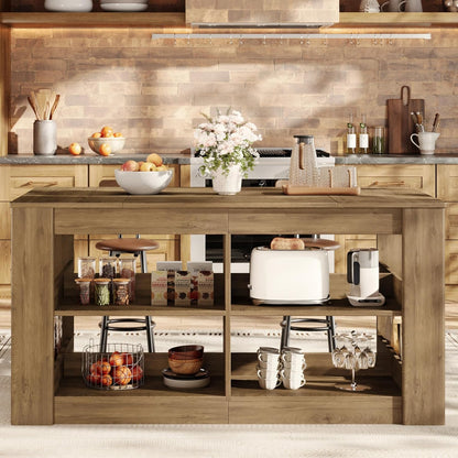 Tribesigns 63 Inch Kitchen Island with Seating and Storage, 3-Tier Farmhouse Stationary Island Table with Large Worktop & Leg Room, Coffee Bar Table with Shelves for Kitchen, Dining Room, Rustic Brown