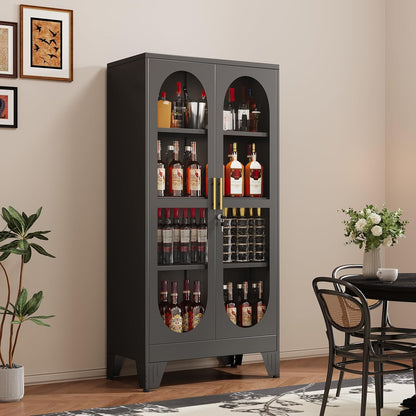 GAIOUS 61" Tall Metal Curio Cabinet, Display Cabinet with Glass Door, 4 Tier Liquor Cabinet with 3 Adjustable Shelves, Locking Glass Display Case for Collectibles, Showcase Storage Cabinets, Black