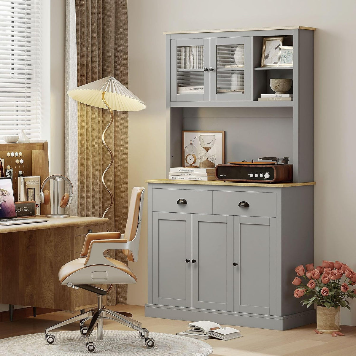 Pantry Cabinet 71-inch freestanding, Four Adjustable Shelves at Three Positions, Wide countertop Cable Hole, Gray and Yellow Oak Design