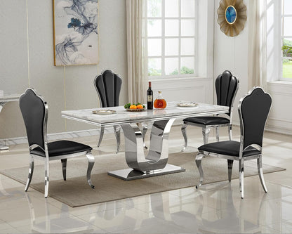 SSLine Modern White Marble Dining Table for 6-8 Rectangle 68" Faux Marble Kitchen Table for 6 Luxury Dining Room Tables with Silver Mirrored Stainless Steel U-Shape Pedestal Base for Home Office