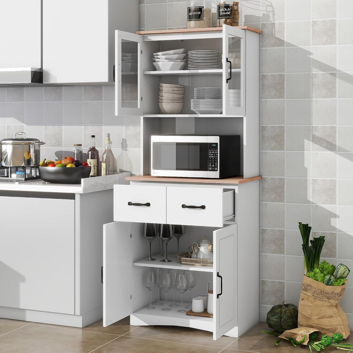 Kitchen Pantry Storage Cabinet with Framed Glass Doors and Drawer, Microwave Stand with Adjustable Shelves, Freestanding Cupboard for Kitchen, Dining Room or Apartment