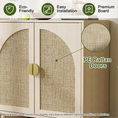 Rattan Sideboard Buffet Cabinet, Wood Storage Credenza Cabinet with Doors and Shelves, Boho Sideboard Cabinet with Curved Door for Living Room, Kitchen, Entryway, Beige