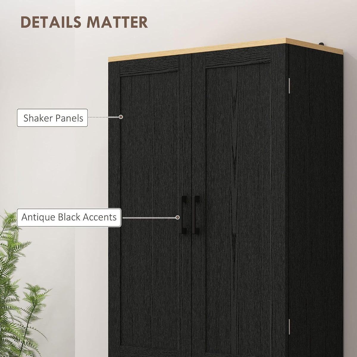 4-Door Farmhouse Freestanding Kitchen Pantry Cabinet with Flexible Adjustable Shelves, Distressed Black Finish and Contemporary Design