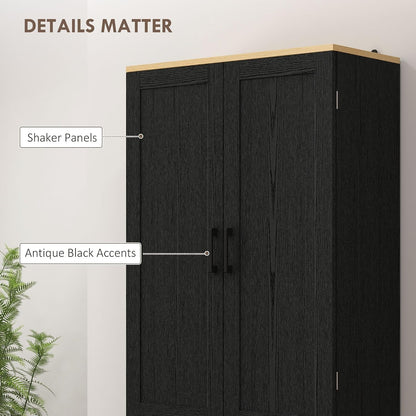 4-Door Bohemian Freestanding Kitchen Pantry Cabinet with Complete Adjustable Shelves, Distressed Black Finish in Vintage Design
