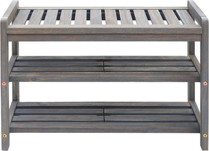 27-Inch Wooden Shoe Bench for Entryway, 3-Tier Storage Organizer, Rustic Shoe Rack Bench for Narrow Spaces, Brush Grey