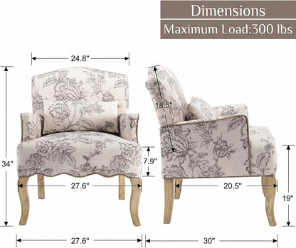 Shunzhi Floral Accent Chairs Farmhouse Upholstered Armchair Linen Reading Chair Mid Century Modern Single Sofa Chair with Pillow for Bedroom/Living Room/Fireplace, Beige, 1PC