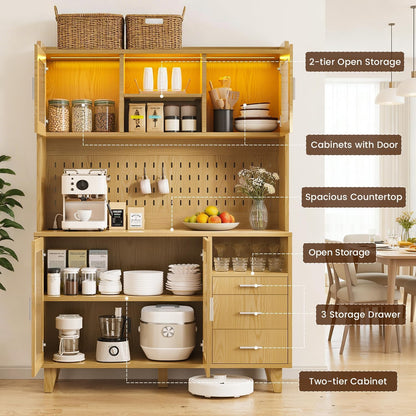 71" Tall Kitchen Pantry Cabinet with Remote LED Light & Charging Station, Farmhouse Freestanding Kitchen Storage Hutch with 3 Drawers, 6 Pegboard Hooks, Open Countertop and Shelves, Natural