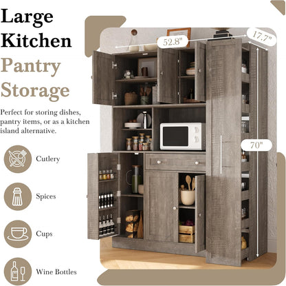 Kitchen Pantry Cabinet, Buffet with Pull-Out Side Cabinet | 7-tier pull-out side cabinet with wheels, easy access for spices, oils, baking supplies, and daily kitchen essentials