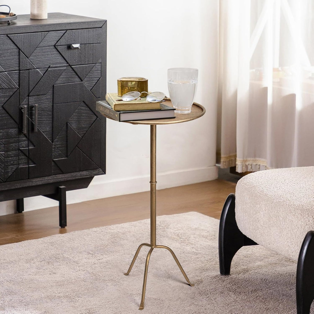 Metal Martini Side Table, Antique Brass – Compact Art Deco Design, Raised Edge, Easy Assembly, 12.5" Diameter, 27.5" Height, Stylish and Functional Cocktail Table