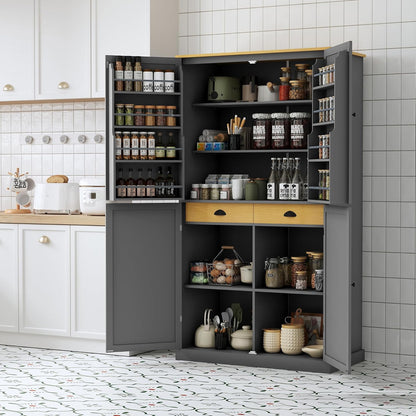71.3" Tall Kitchen Storage Cabinet Pantry Wood Freestanding Large Cupboard with 2 Drawers,2 Adjustable Shelves,8 Shelf for Dining Room,Grey