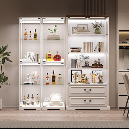 Glass Display Cabinet with Doors, 65" Tall 4-Tier Curio Display Case with 3 Color Lights and Human Body Sensor, Bookcase for Collectibles, White