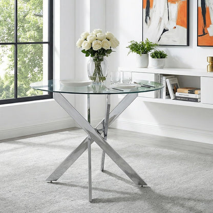 36" Glass Dining Table for 2-4, Round Kitchen Table with Tempered Glass Tabletop and Silver Stainless Steel Legs for Dining Room, Apartment, Small Space