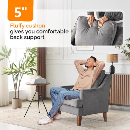 VINGLI Mid-Century Modern Accent Chair, Light Grey Upholstered Armchair Comfy Sofa Chair Reading Chair High Back for Living Room Bedroom Furniture Apartment