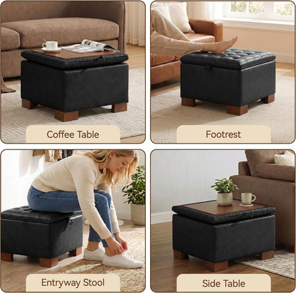 24 Inch Square Storage Ottoman Coffee Table, Modern Tufted Upholstered Ottoman with Flip Tray and Solid Wood Legs, Suitable for Living Rooms, Faux Leather Black