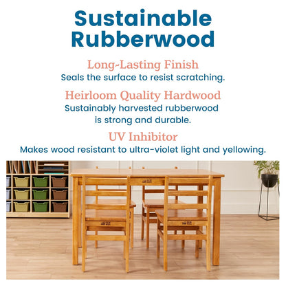 ECR4Kids 24in x 48in Rectangular Hardwood Table with 28in Legs and Four 16in Chairs, Kids Furniture, Honey, 5-Piece | Durable rubberwood, GREENGUARD Gold Certified, ANSI/BIFMA Compliant, 10-12 years, 200 lb seat capacity, classroom & home use