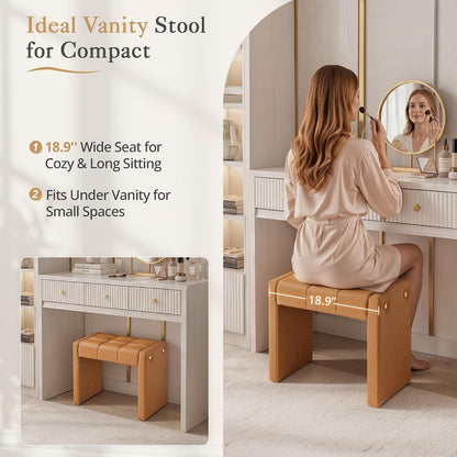 LUE BONA Modern Grid Tufted Vanity Bench Stool, 4.33'' Thick Chenille Upholstered Ottoman Footstool for Makeup Room, Bedroom & Living Room, 200lbs Capacity, Brown