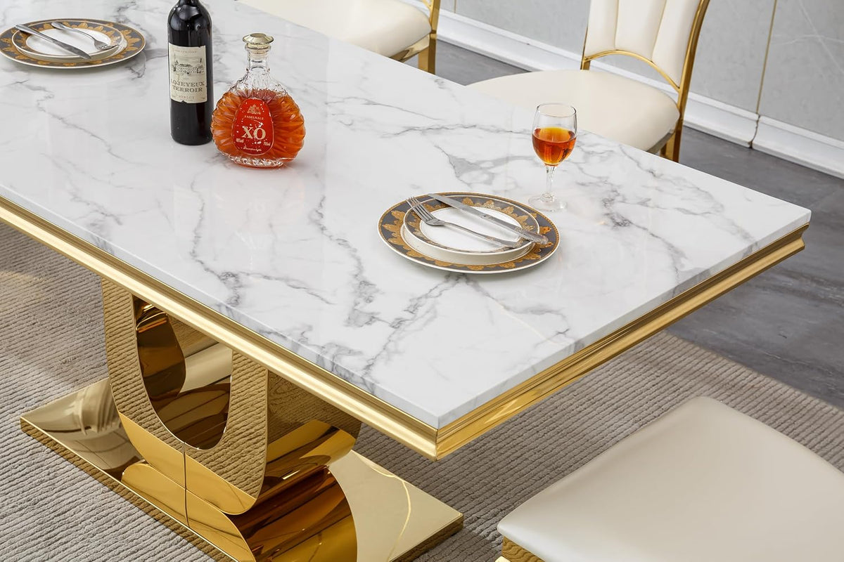 White Marble Dining Table for 6 Modern Luxury Faux Marble Kitchen Table for 6, 68" Large Dining Room Tables with U-Shape Gold Stainless Steel Base