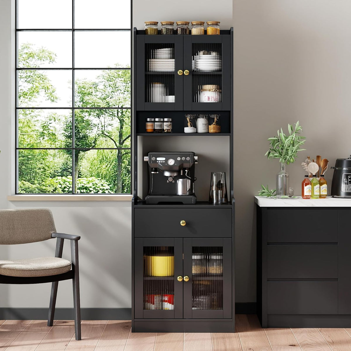 Spolllowe Kitchen Pantry Cabinet Farmhouse Storage Hutch with Microwave Stand Freestanding Buffet Sideboard Coffee Bar Cabinet for Kitchen Dining Room