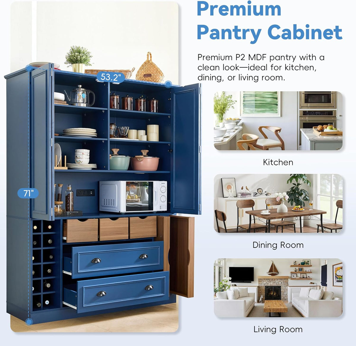 Farmhouse 71''H Large Kitchen Pantry,Deepen Dining Storage Cupboard with 4 Foldable Doors,Power Outlet, Shelves, Wine Racks and Serving Trays (Blue/FD)