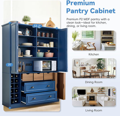Farmhouse 71''H Large Kitchen Pantry,Deepen Dining Storage Cupboard with 4 Foldable Doors,Power Outlet, Shelves, Wine Racks and Serving Trays (Blue/FD)