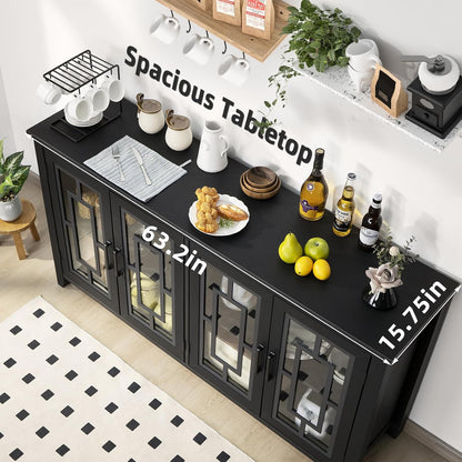 Joaxswe Large Sideboard Buffet Cabinet with Storage, 63" Farmhouse Credenza with 4 Glass Doors, Adjustable Shelves Console Table, Wood Kitchen Coffee Bar for Dining Room, Living Room, Black