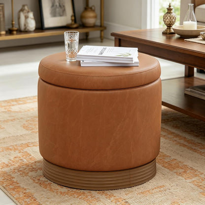 19" Round Swivel Storage Ottoman with Tray Top, Upholstered Faux Leather Foot Stool with Solid Acacia Wood Base 500 lbs Modern Accent Footrest for Living Room & Bedroom Fully Assembled Brown