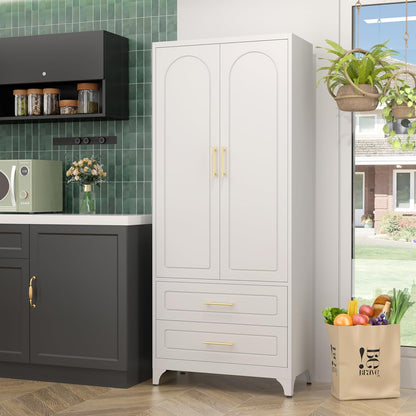 SteeLoong 75" Kitchen Pantry Cabinet,Metal Storage Cabinets with 2 Drawers,Pantry Cabinet with Doors and Shelves,White Tall Storage Cupboard for Living Room, Dining Room Office