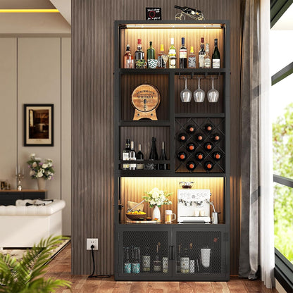 Armocity 82.6" Tall Bar Cabinet with Power Outlets & LED Lights, Liquor Cabinet Bar for Home, Reversible Coffee Station Wine Cabinet with Glass Holder & Wine Rack for Small Space, Black
