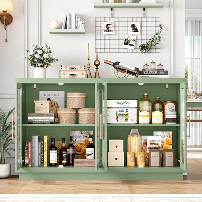 FOTOSOK Buffet Cabinet with Storage, 55.1" Large Sideboard Cabinets, Modern Sideboard Kitchen Cabinet with 4 Fluted Glass Doors, Wood Coffee Bar Buffet Table for Kitchen, Green