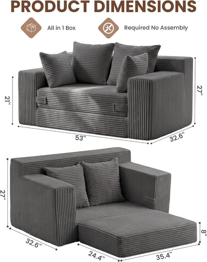 JUIKURY Floor Mini Couch 53 Inch, 3-in-1 Gray Couches Covertible Sofa Bed with 4 Pillows, Small Couches for Living Room, Bedroom, Small Space