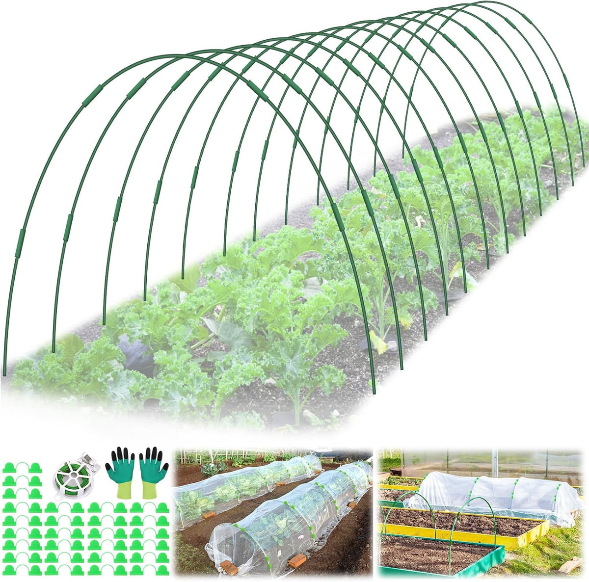 60 Pcs Garden Hoops for Raised Beds, 12 Sets Greenhouse Hoops Grow Tunnel Rust-Free Fiberglass Hoop House Kit, Plant Support Garden Stakes Hoops Frame for Netting Shade Cloth Row Cover Garden Supplies