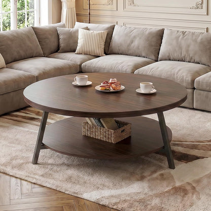 Armocity 35.4" Round Wood Coffee Table with 2-Tier Storage, 1" Thick Top