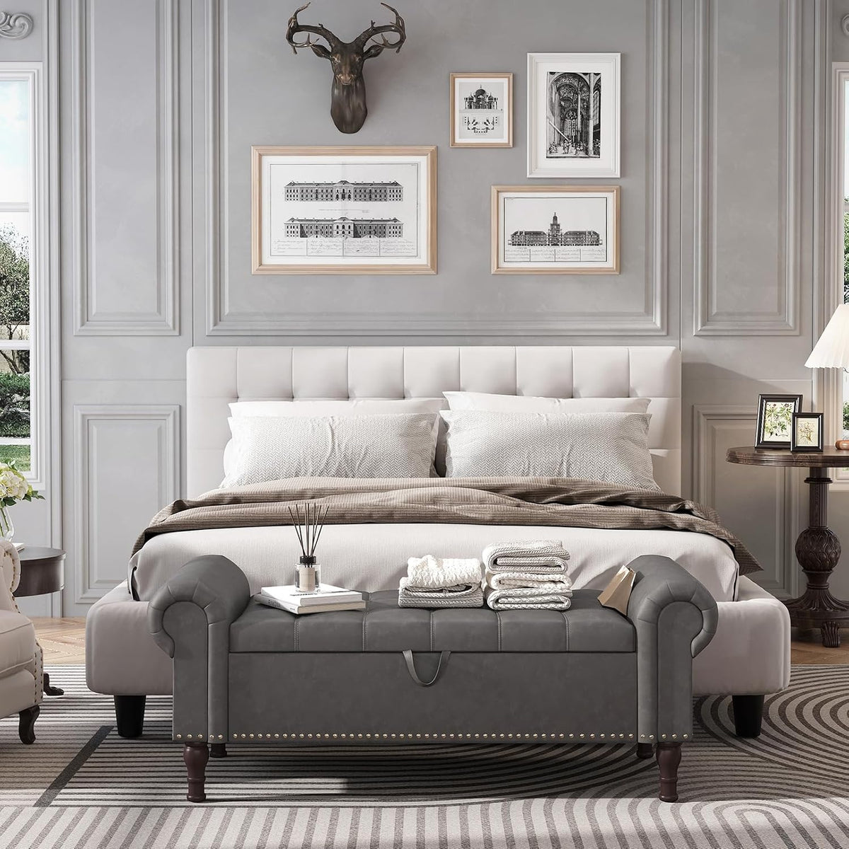 Apicizon 51” Bench with Storage, Upholstered Tufted Button Bedroom Bench with Storage, Faux Leather End of Bed Bench with Rolled Arms, Storage Ottoman Bench for Bedroom, Living Room, Entryway, Gray