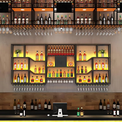 79" Large Metal Wine Rack Wall Mounted, 3 Tier Liquor Shelf & Liquor Rack Wall Mounted with LED Light, Bar Shelf for Liquor Bottles & Glass Holder for Dining Room,Home Bar,Black