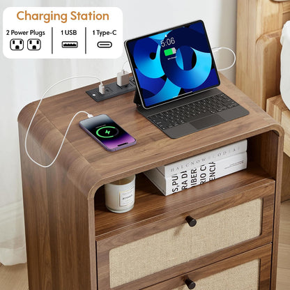 Farmhouse Nightstand with Charging Station, Night Stand with 2 Drawers, Mid-Century End Table with Linen Decor Storage for Livng Room Sofa Couch, Bedroom, Home Office 19.68"x13.77"x23.62"