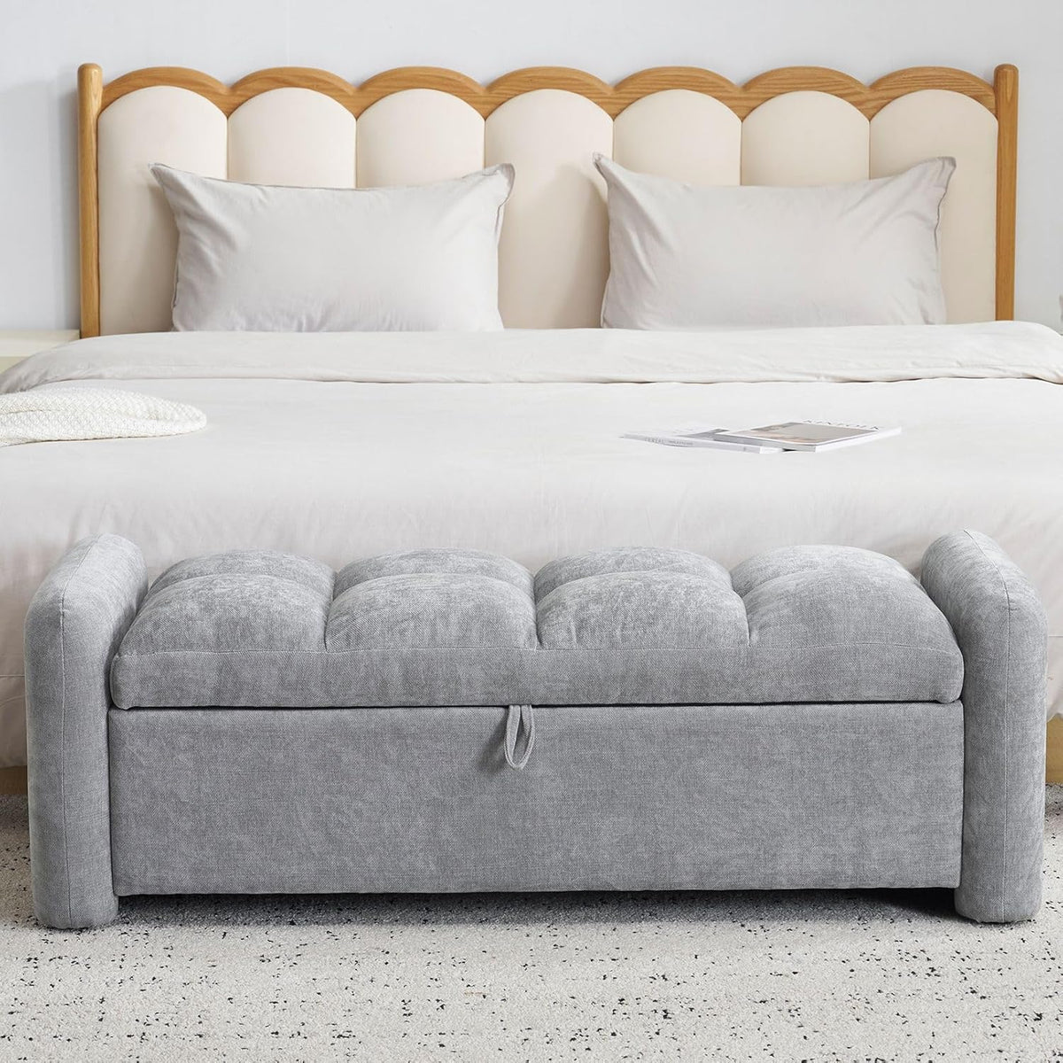 Oversized Chenille Ottoman Bench with Storage, Upholstered End of Bed Bench for Bedroom, Ottoman Foot Rest for Living Room, Light Grey
