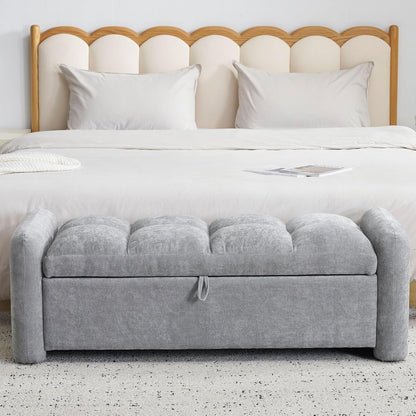 Oversized Chenille Ottoman Bench with Storage, Upholstered End of Bed Bench for Bedroom, Ottoman Foot Rest for Living Room, Light Grey