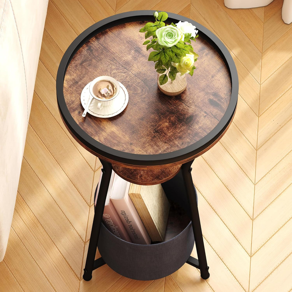 Yusong Round Side Table, Small Drink Table for Small Spaces, 3-Tier Industrial End Table, Accent Nightstand Bedside Table for Living Room, Bedroom, Sofa Couch, Rustic Brown