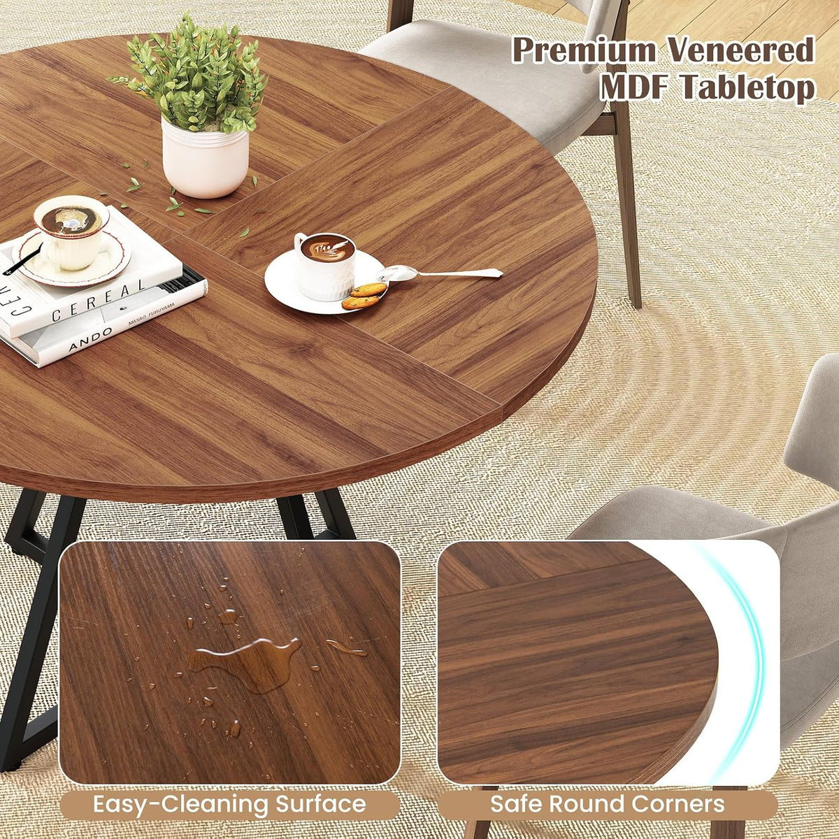 Giantex 47-inches Round Dining Table for 4, Kitchen Table with Storage Shelf, Wood Grain Tabletop, X-Shaped Metal Base, Adjustable Foot Pads, Circle Dinner Tables for Dinette, Living Room
