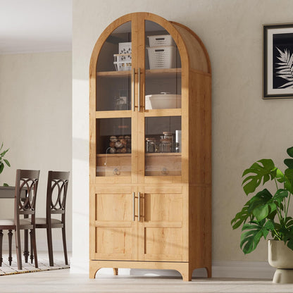 71" Tall Farmhouse Arched Pantry Cabinet with 4 Door Shelves, Adjustable Storage & Hidden Drawer - Rustic Kitchen Cupboard with Glass Door, Dining Room Organization (30"W x 15.75"D) (Natural)
